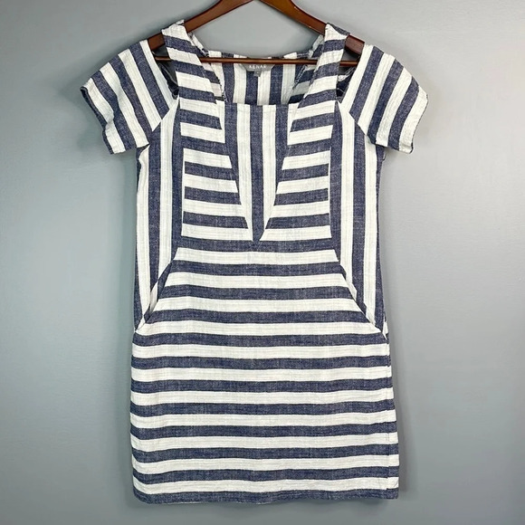 KENAR Linen Blend Striped Mini Dress Blue Oatmeal Cutouts Pockets Coastal Size M - Picture 11 of 11